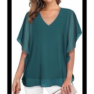 Lotusmile Women's XXL Chiffon Lined Flutter Sleeve Teal Flowy Lightweight Blouse